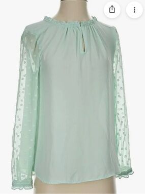 HD in PARIS Anthro Mint Swiss Dot Sheer Sleeve Blouse Back Button Romantic Top